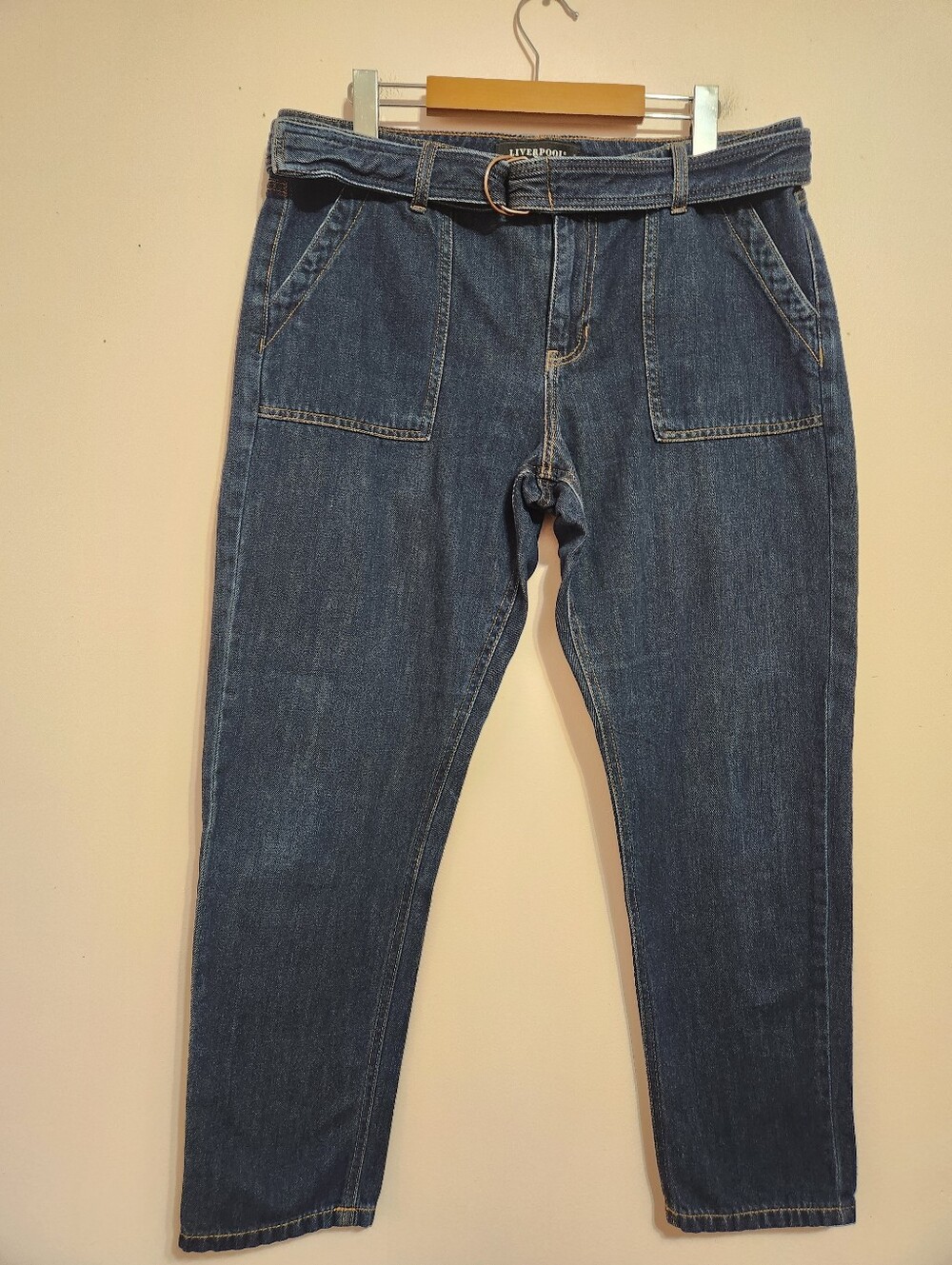 LIVERPOOL Utility Belted Straight Leg Indigo Rinse Dark Wash Denim Jeans Size 10